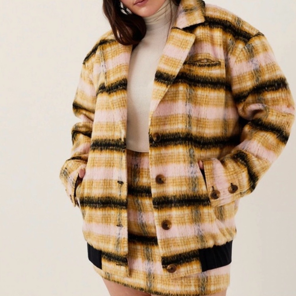 For Love & Lemons Plaid Fuzzy Wool Blend Jacket Pink Tan L Like New